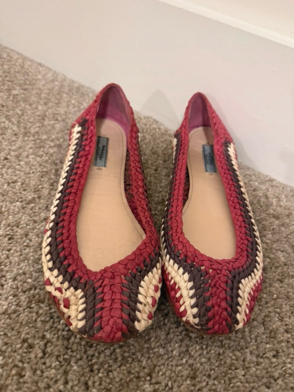 Prada Woven Madras Leather Ballet Flats 37.5 7.5